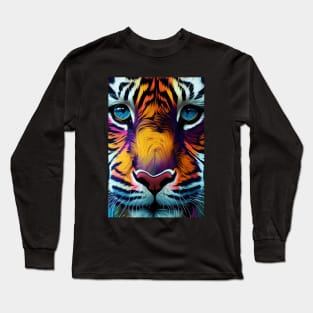 Pop Art Tiger Face In Vibrant Colors - A Unique and Playful Art Print For Animal Lovers Long Sleeve T-Shirt